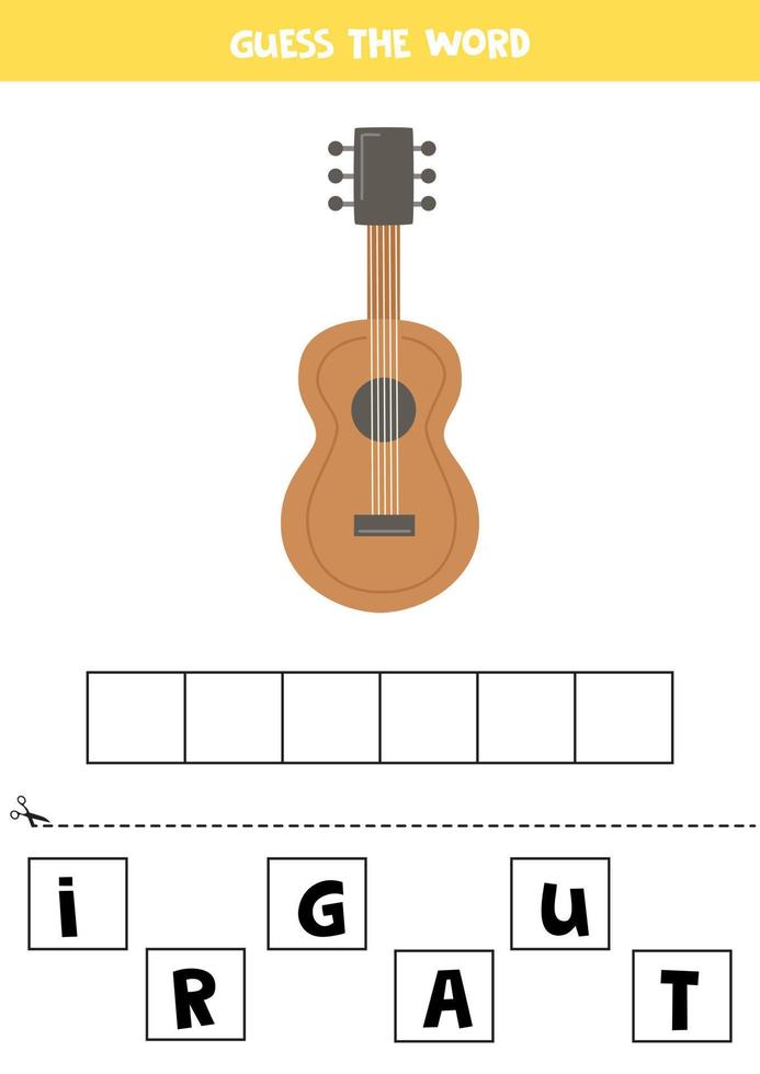 Spelling game for kids. Wooden guitar. vector