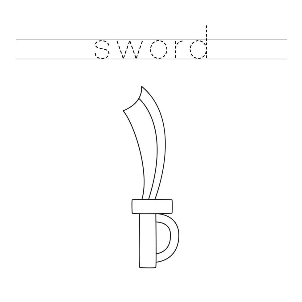 Trace the letters and color sword. Handwriting practice for kids. vector