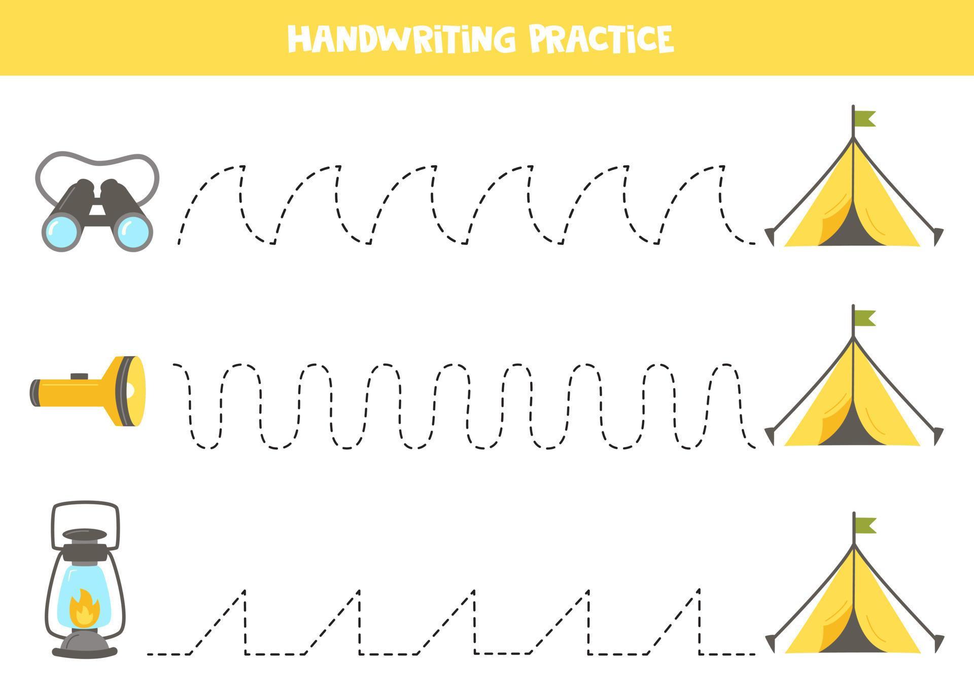 Tracing lines for kids. Camping tent and equipment. Writing practice