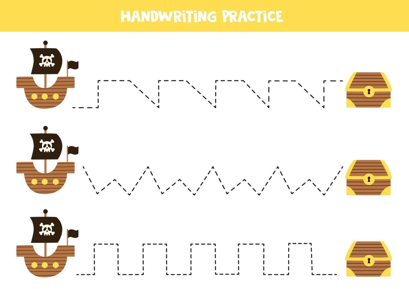 Tracing lines for kids. Pirate ship and treasure chest. Writing practice. vector