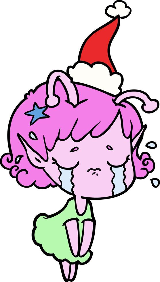 line drawing of a crying alien girl wearing santa hat vector