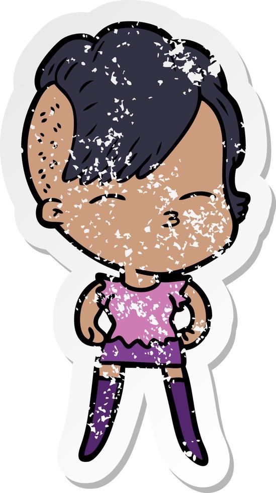 distressed sticker of a cartoon squinting girl vector