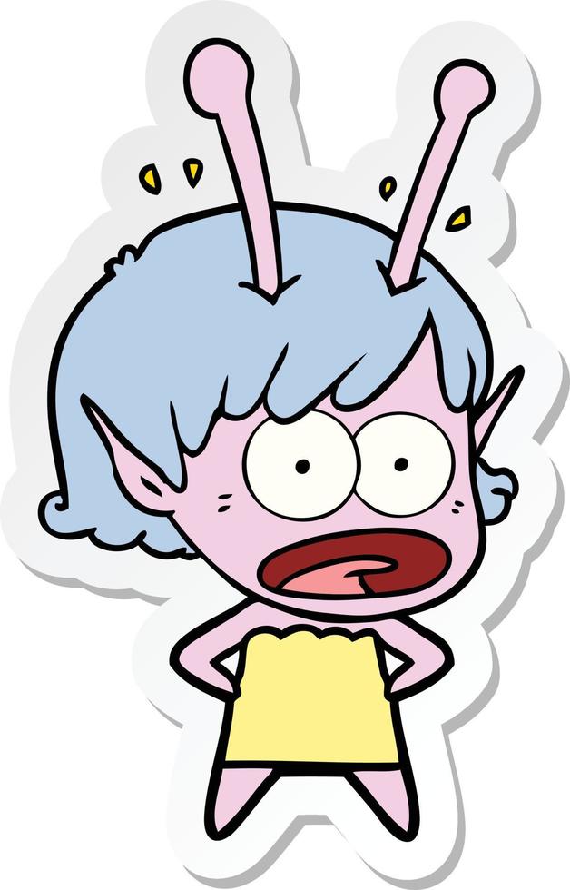 sticker of a cartoon shocked alien girl vector