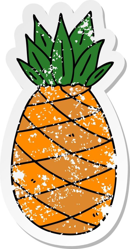 distressed sticker of a quirky hand drawn cartoon pineapple vector