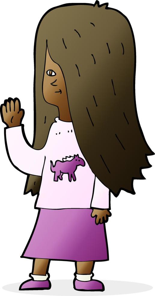 caricatura, niña, con, pony, camisa, ondulación vector