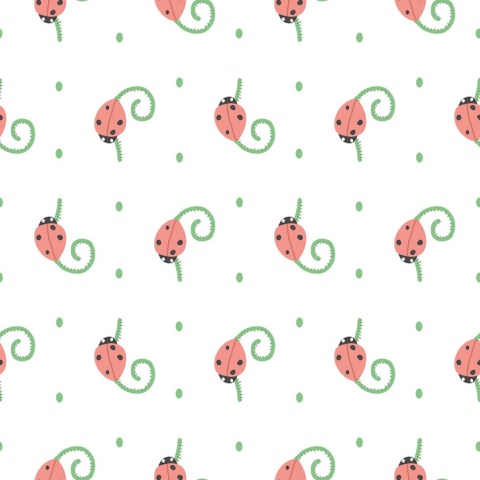 ladybug pattern. The beetle crawls over the plant. Pattern for children's wallpaper, textile. vector