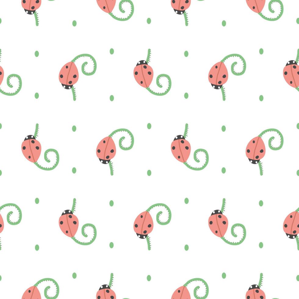 ladybug pattern. The beetle crawls over the plant. Pattern for children's wallpaper, textile. vector