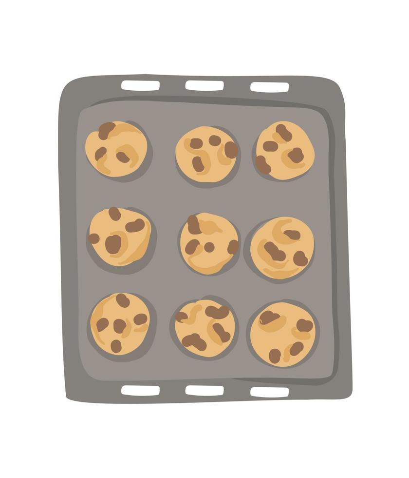 Illustration fresh biscuits with chocolate on a baking sheet. Homemade baking. vector