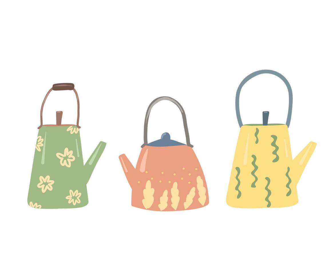 Vector Hand drawn set of teapots. Cute cartoon fairy teapots.