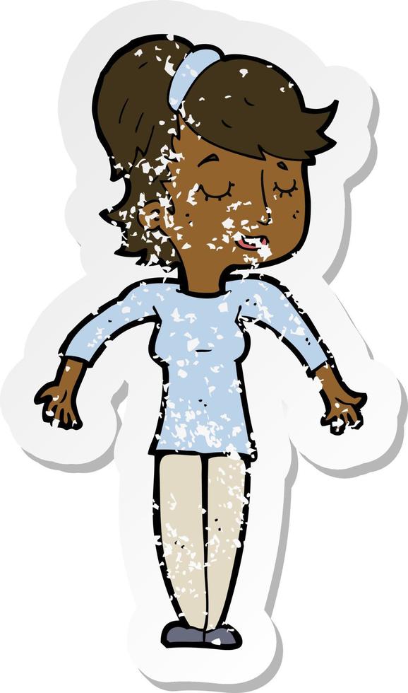 retro distressed sticker of a cartoon friendly woman shrugging shoulders vector