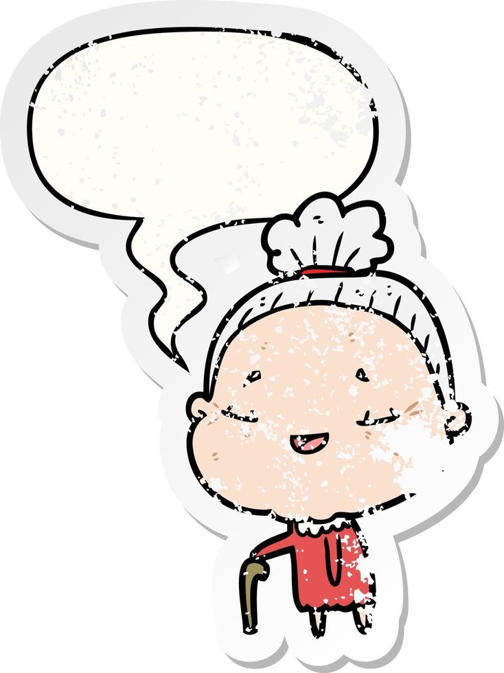 cartoon old woman and walking stick and speech bubble distressed sticker vector