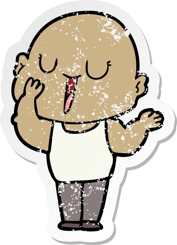 distressed sticker of a happy cartoon bald man yawning vector