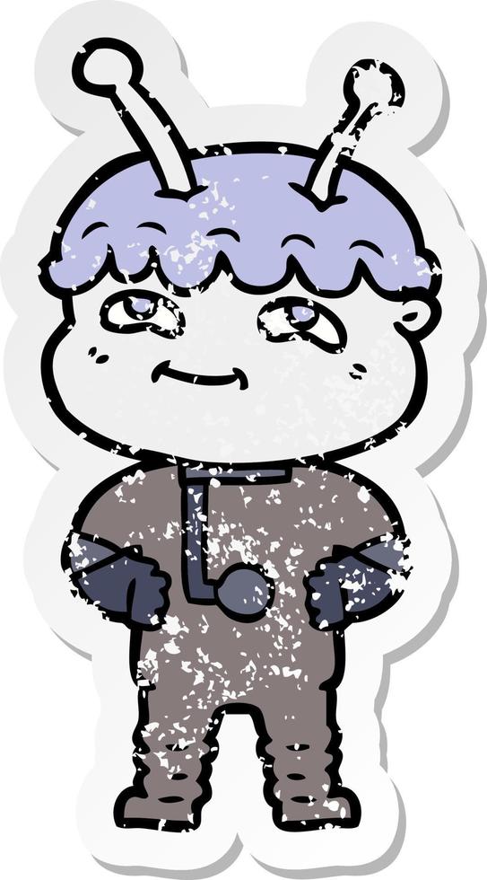 distressed sticker of a friendly cartoon spaceman vector