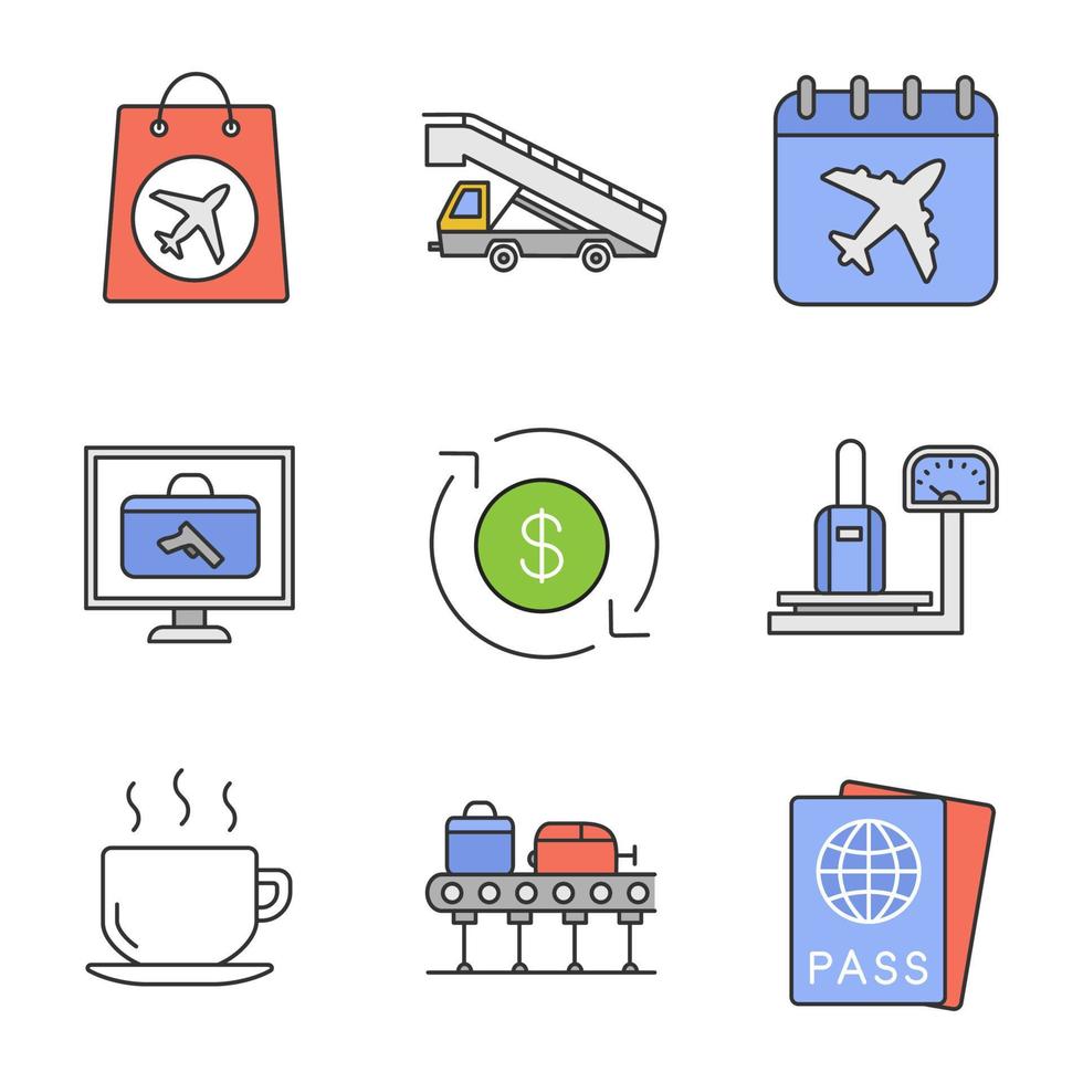 Airport service color icons set. Duty free, stair truck, flight date, baggage scanner and scales, refund, hot drink, luggage carousel, passport. Isolated vector illustrations