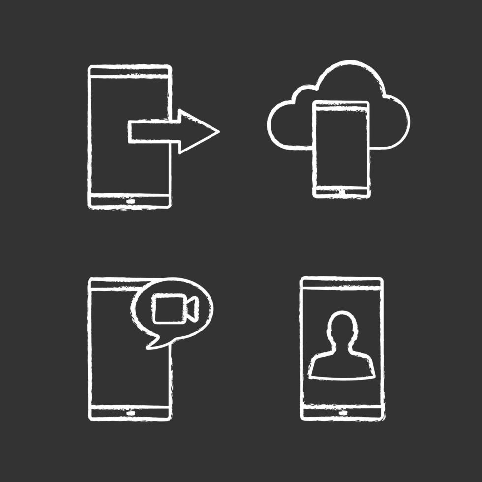 conjunto de iconos de tiza de comunicación telefónica. transferencia de datos, almacenamiento en la nube de teléfonos inteligentes, mensaje de video, usuario de teléfonos inteligentes. Ilustraciones de vector pizarra