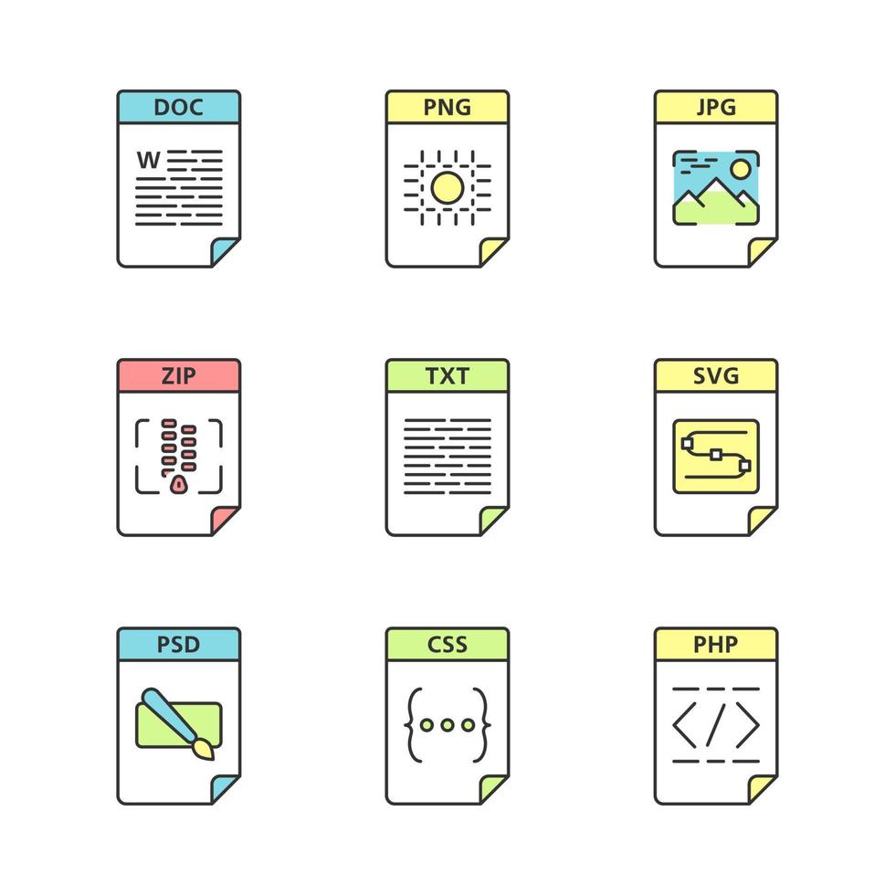 Files format color icons set. Text, image, archive, webpage files. DOC, PNG, ZIP, TXT, SVG, PSD, CSS, PHP. Isolated vector illustrations