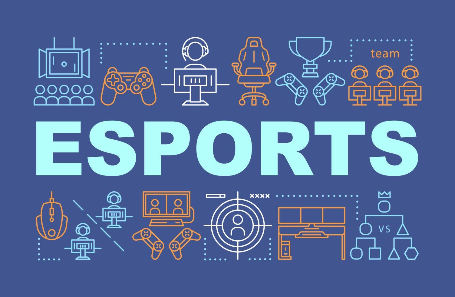 Esports word concepts banner. Computer games tournament. E sports championship, competition. Presentation, website. Isolated lettering typography idea with linear icons. Vector outline illustration