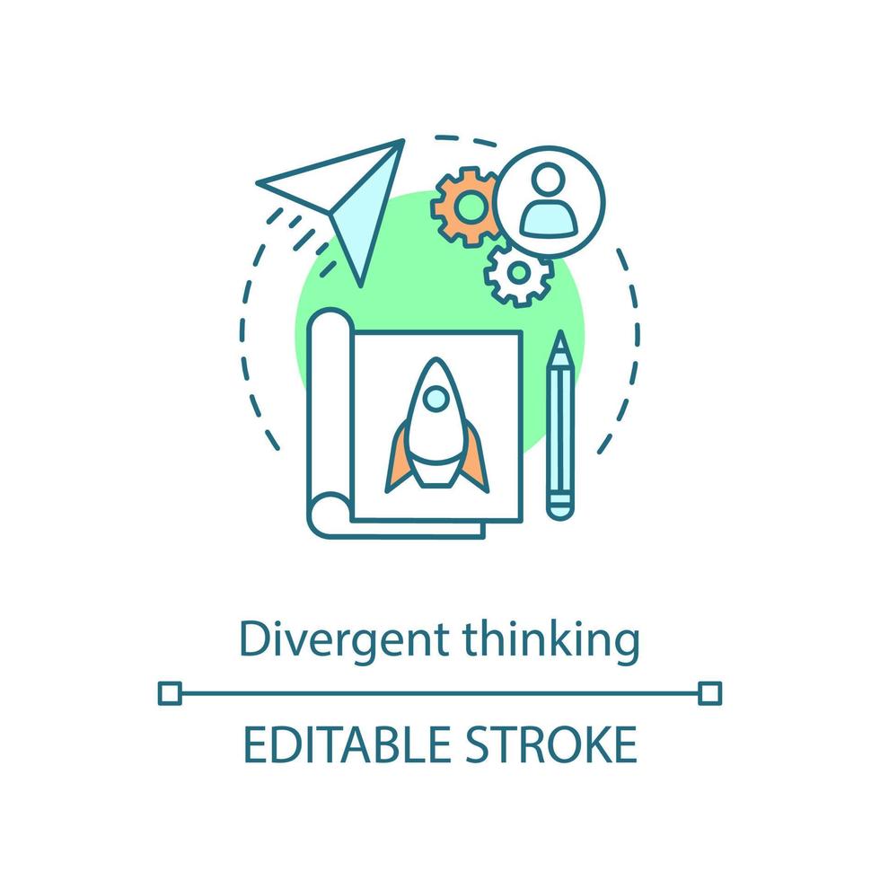 Divergent thinking concept icon. Spontaneous, creative thinking. Efficiency and productivity. Project management idea thin line illustration. Vector isolated outline drawing. Editable stroke