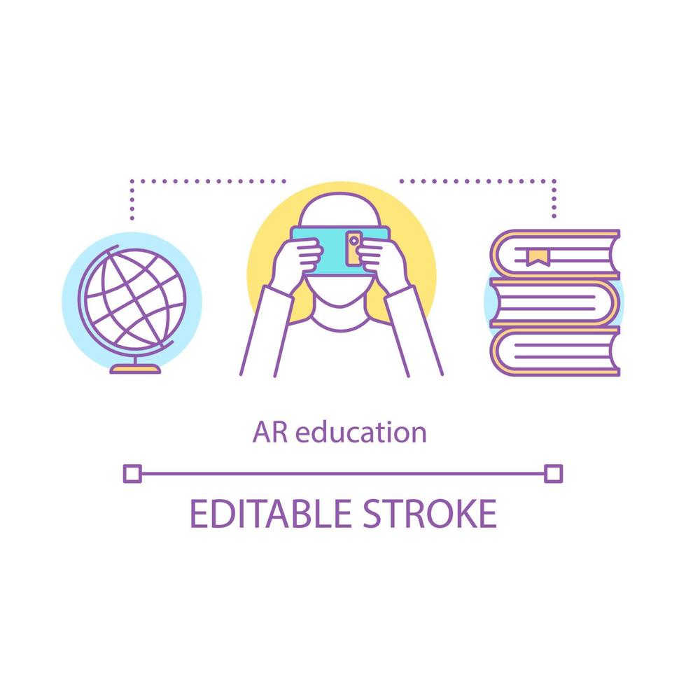 AR education concept icon. Augmented reality in schooling. Education technology industry. Virtual reality learning idea thin line illustration. Vector isolated outline drawing. Editable stroke