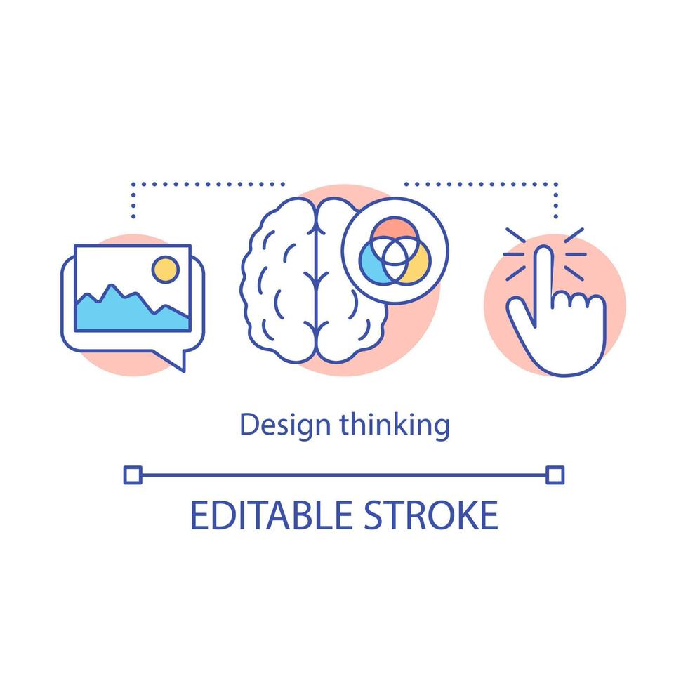 Design thinking concept icon. Creativity. Imagination. Designer work. Color perception by brain. Visual embodiment idea thin line illustration. Vector isolated outline drawing. Editable stroke