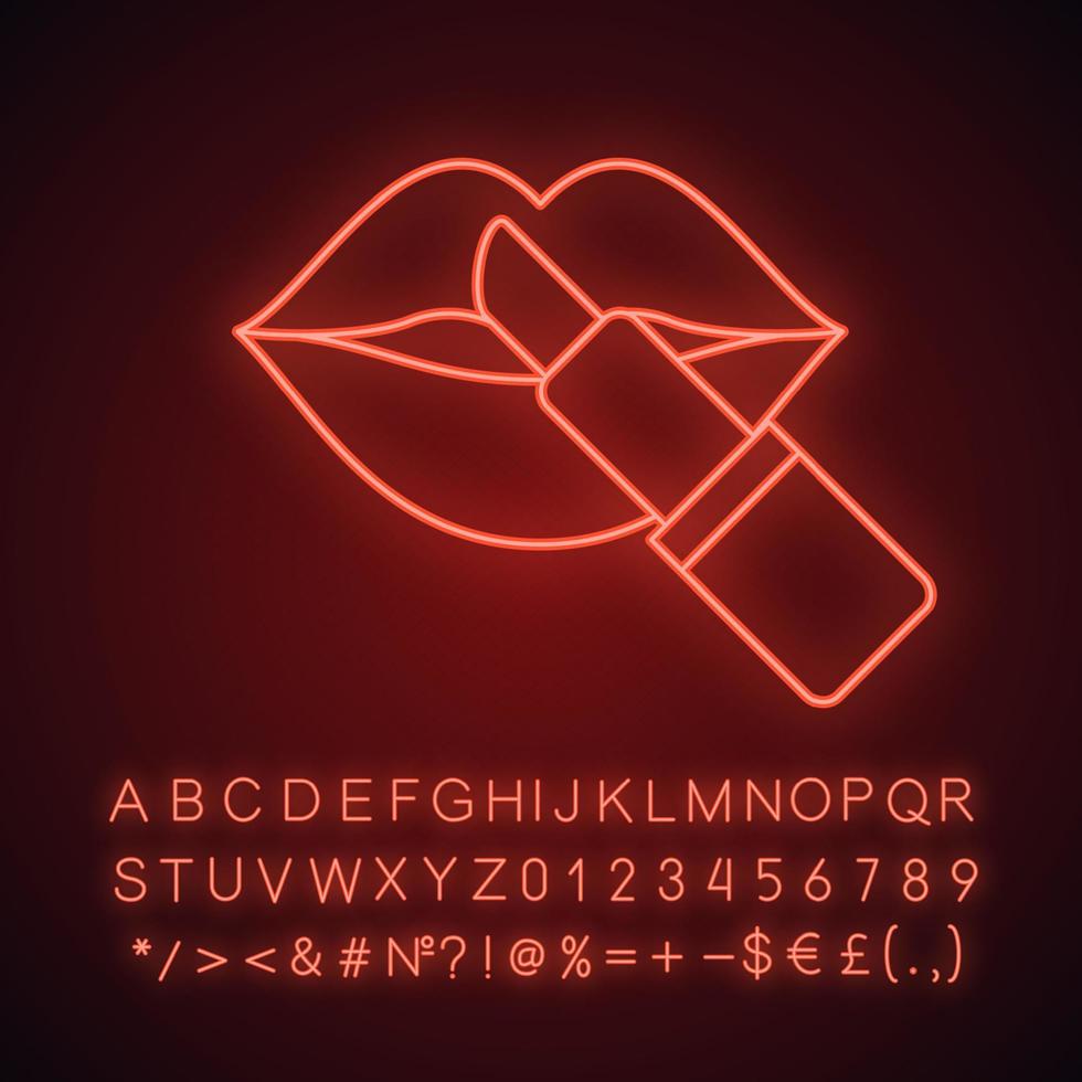 Lipstick with woman's lips neon light icon. Glowing sign with alphabet, numbers and symbols. Vector isolated illustration