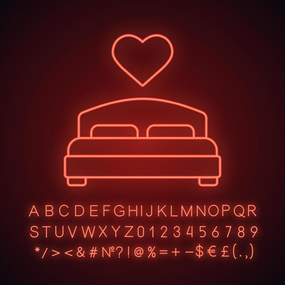 Lovers bed neon light icon. Double bed with heart shape above. Glowing sign with alphabet, numbers and symbols. Vector isolated illustration
