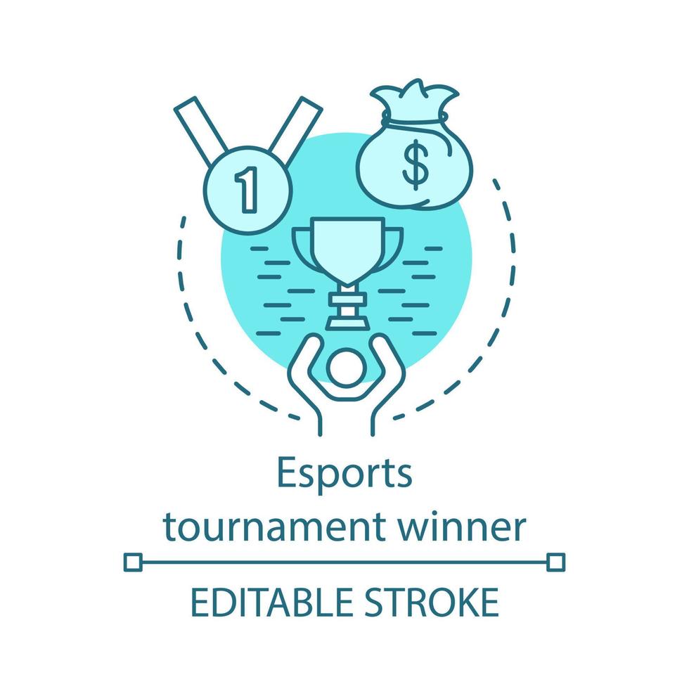 Esports tournament winner concept icon. Gamer with award. Champion cup. Competition champion trophy. E sports competition idea thin line illustration. Vector isolated outline drawing. Editable stroke