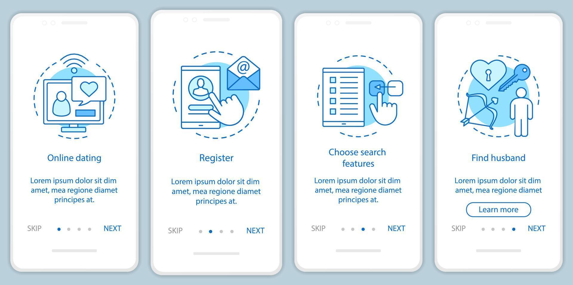 Plantilla de vector de pantalla de página de aplicación móvil de incorporación de citas en línea. Regístrese, elija las funciones de búsqueda, encuentre las instrucciones del sitio web del esposo con ilustraciones lineales. concepto de interfaz de teléfono inteligente ux, ui, gui