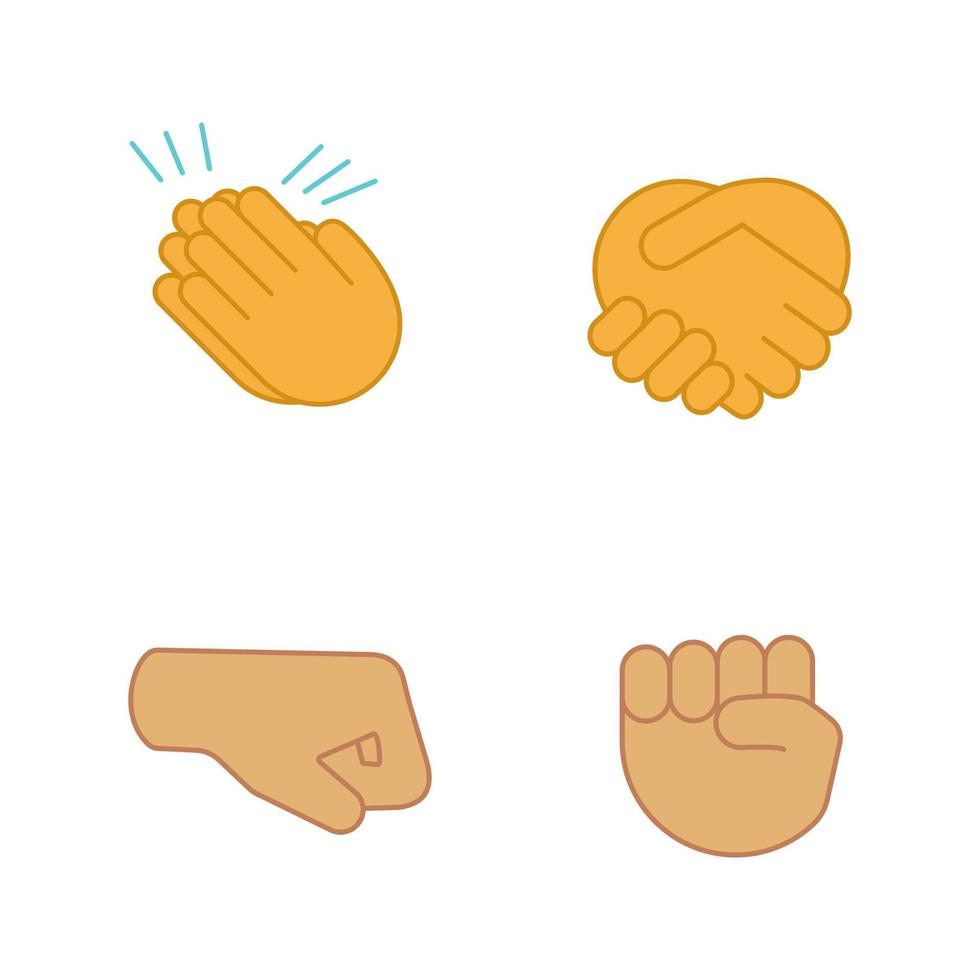 Hand gesture emojis color icons set. Applause, congratulation, handshake gesturing. Right and raised fists. Isolated vector illustrations