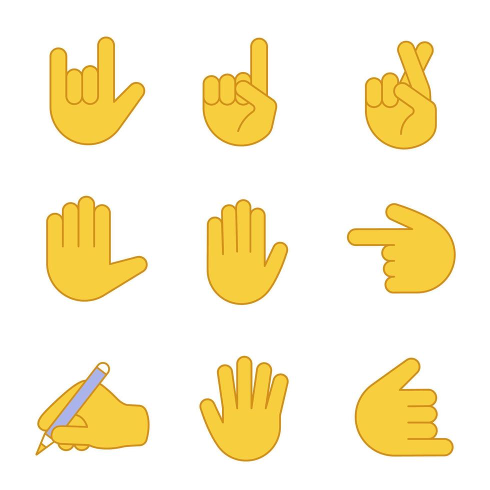 Hand gesture emojis color icons set. Love you, rock on, backhand index pointing left and up, luck, lie, high five, counting five, shaka gesturing, writing hand. Isolated vector illustrations