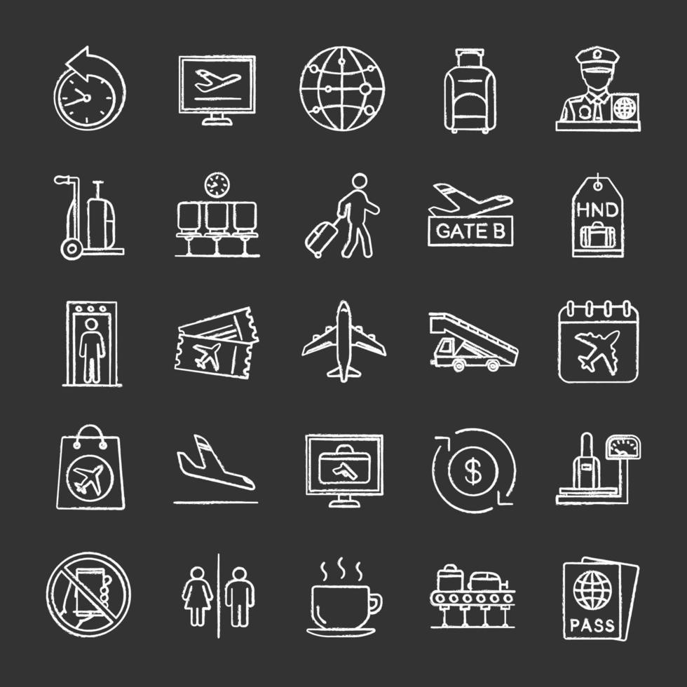 Airport service chalk icons set. Passport control, baggage check, tickets, flights management. Isolated vector chalkboard illustrations