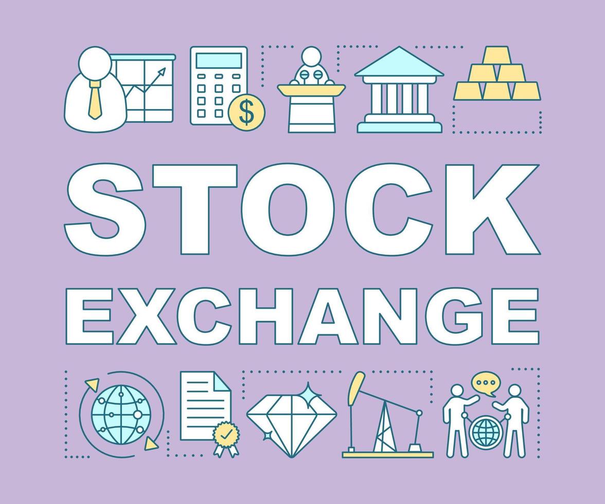 Stock exchange word concepts banner. Financial market. Purchase of securities. Broker work. Presentation, website. Isolated lettering typography idea with linear icons. Vector outline illustration