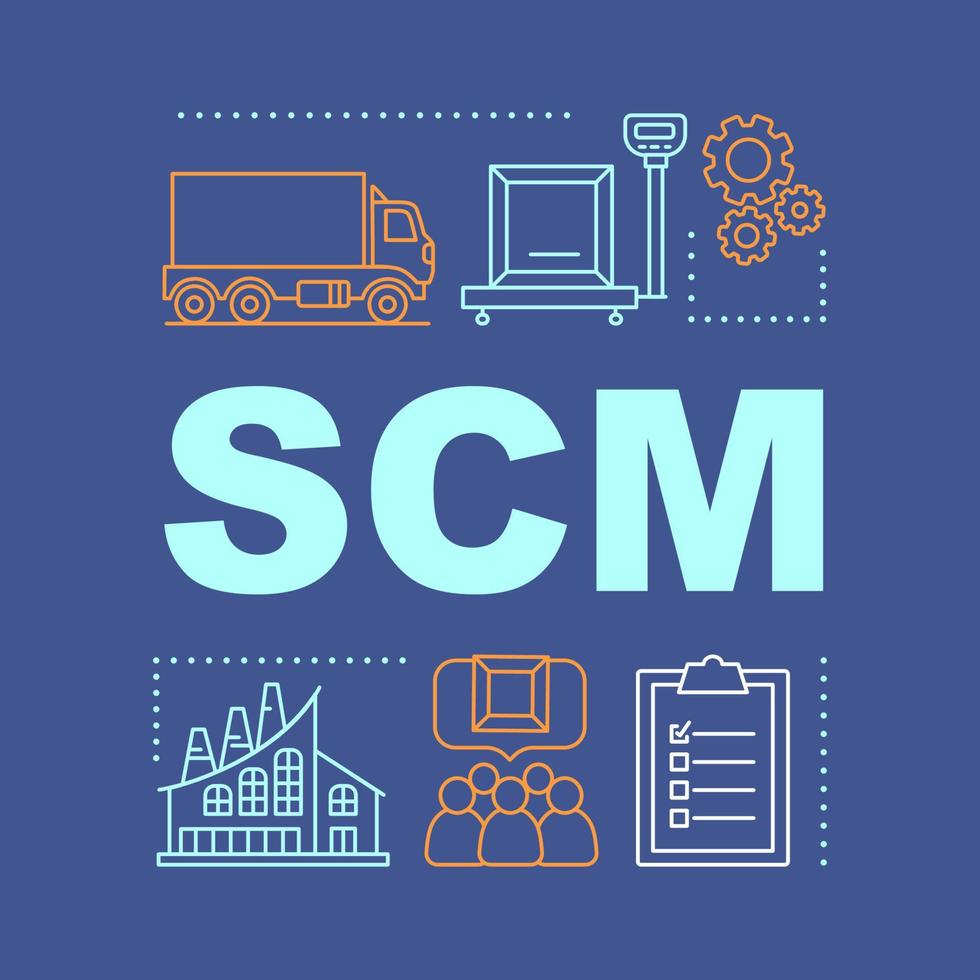 SCM word concepts banner. Manufacturing. Supply chain management. Production process. Isolated lettering typography idea. Distribution and logistics. Consumerism. Vector outline illustration