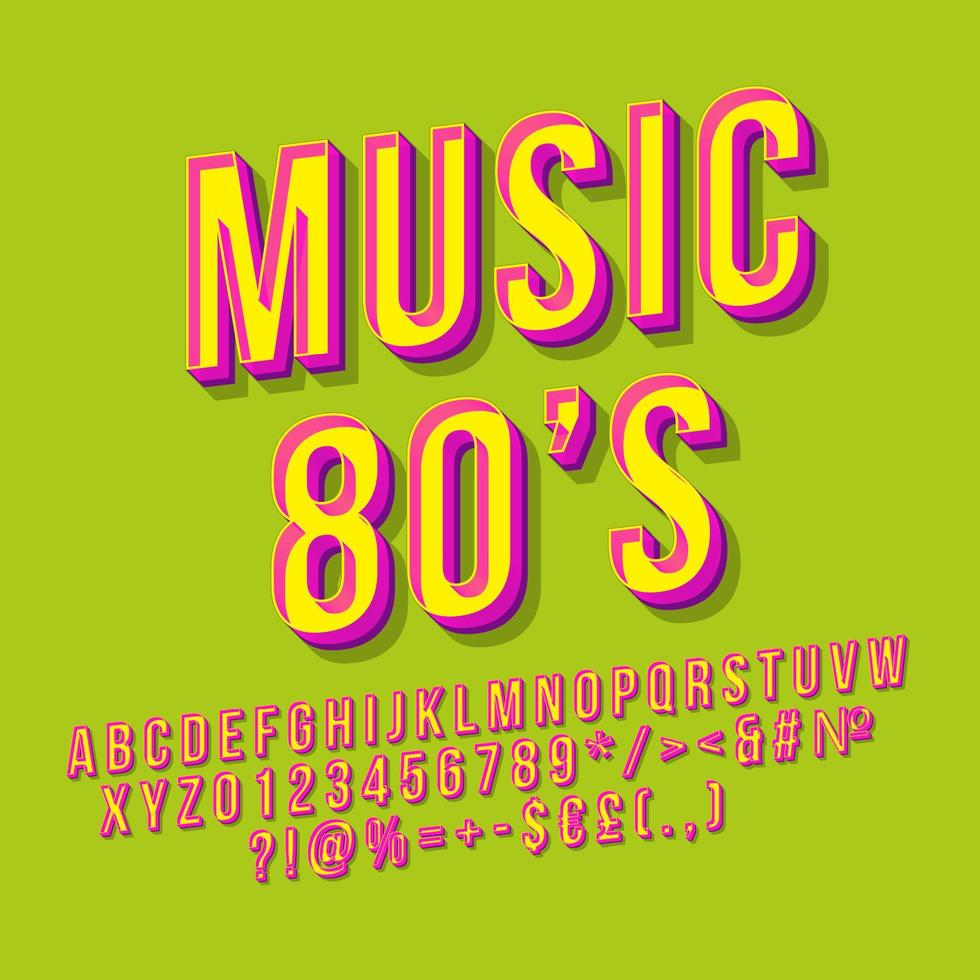 Music 80s 3d vector lettering. Retro bold font. Pop art stylized text. Old school style letters, numbers, symbols pack. Vintage poster, banner, t shirt typography design. Lime green color background