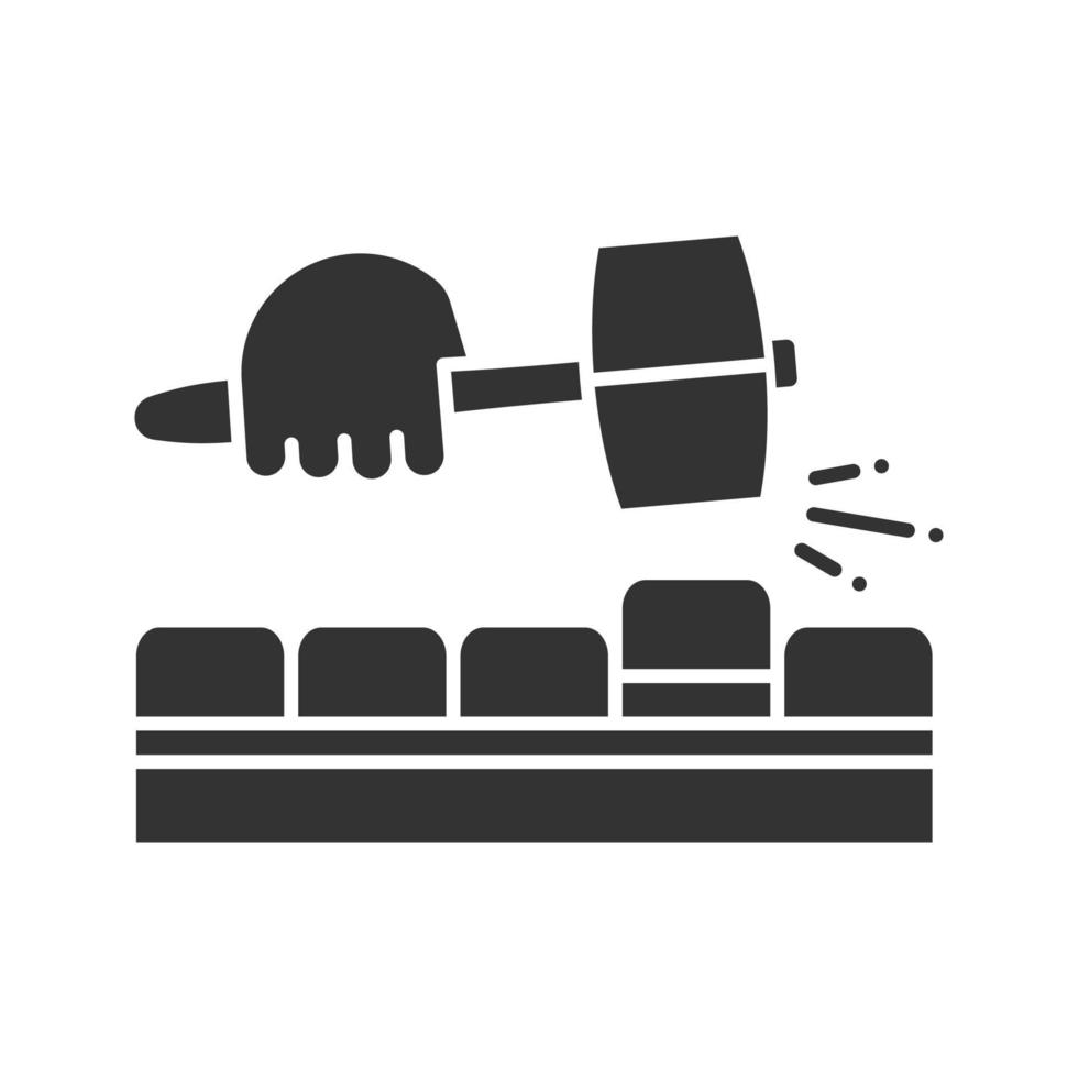 Pavement bricks with lump hammer glyph icon. Builder's hand. Silhouette symbol. Negative space. Vector isolated illustration