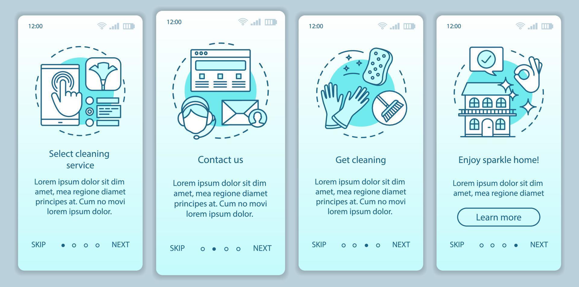 pantalla de la página de la aplicación móvil de incorporación de la reserva del servicio de limpieza, conceptos lineales. instrucciones gráficas de cuatro pasos de recorrido. empresa de limpieza brillar en casa. ux, ui, plantilla vectorial gui con ilustraciones vector