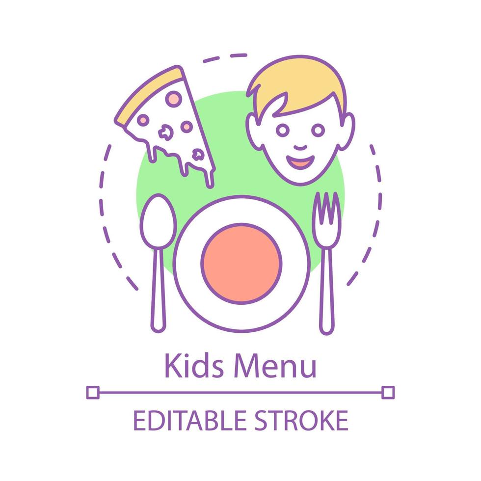 Kids menu concept icon. Family cafe. Unhealthy food. Fastfood meal. Serving, dish, kid, pizza. Children pizzeria idea thin line illustration. Vector isolated outline drawing. Editable stroke