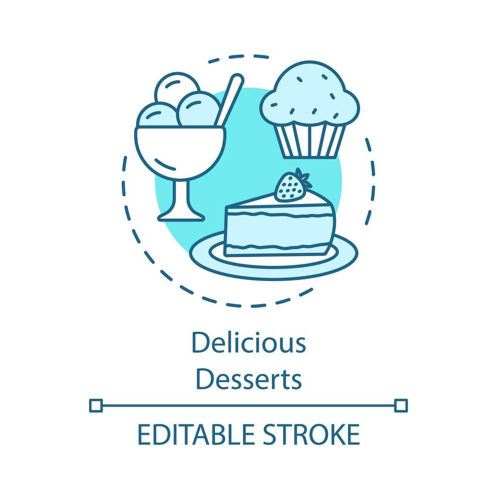 Delicious desserts concept icon. Sweets shop. Pastry, confectionery. Cake, cupcake, ice cream. Sweet treat menu. Candy bar idea thin line illustration. Vector isolated outline drawing. Editable stroke