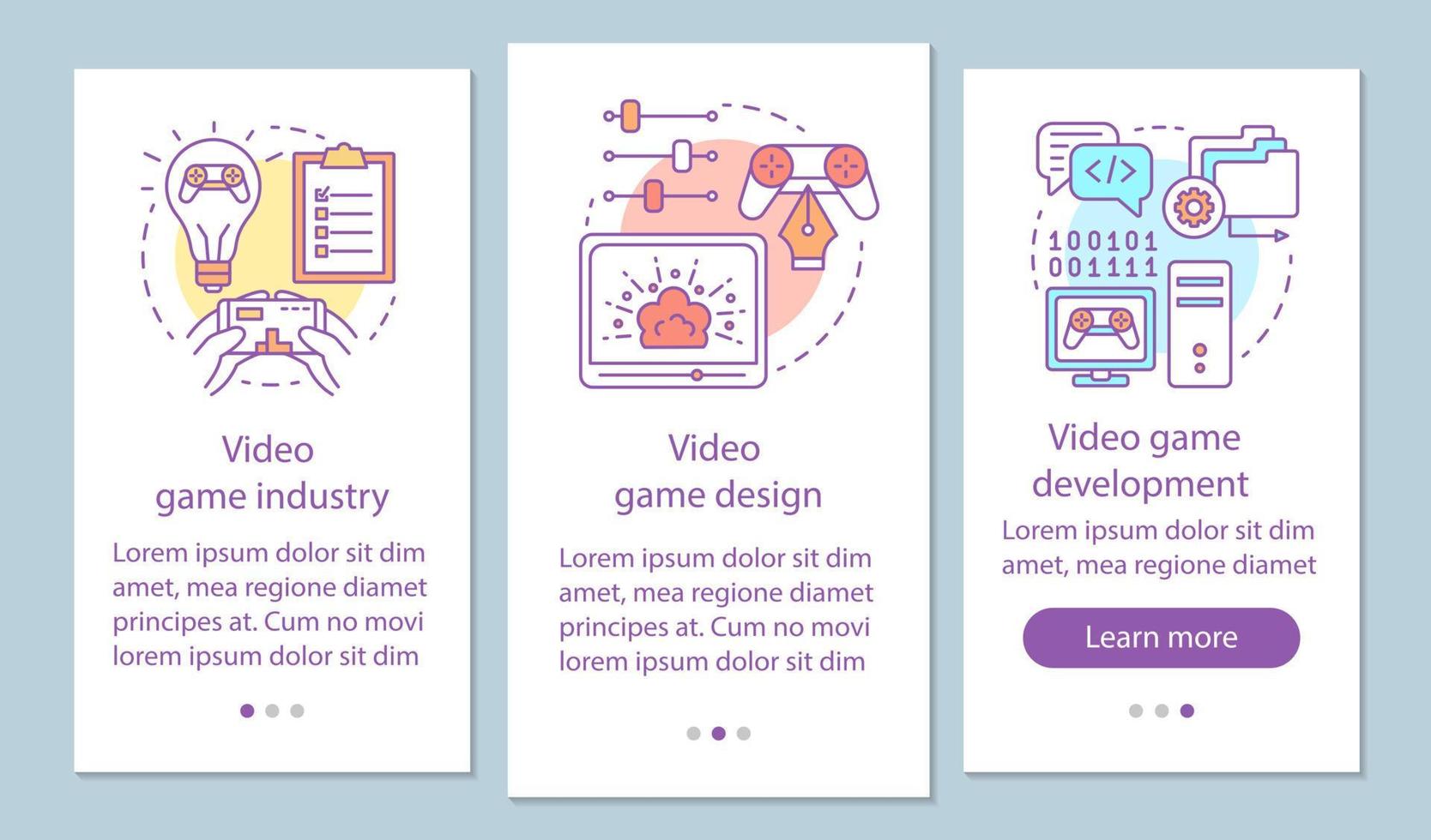 Video game industry onboarding mobile app page screen with linear concepts. Computer game design and development walkthrough steps graphic instructions. UX, UI, GUI vector template with illustrations