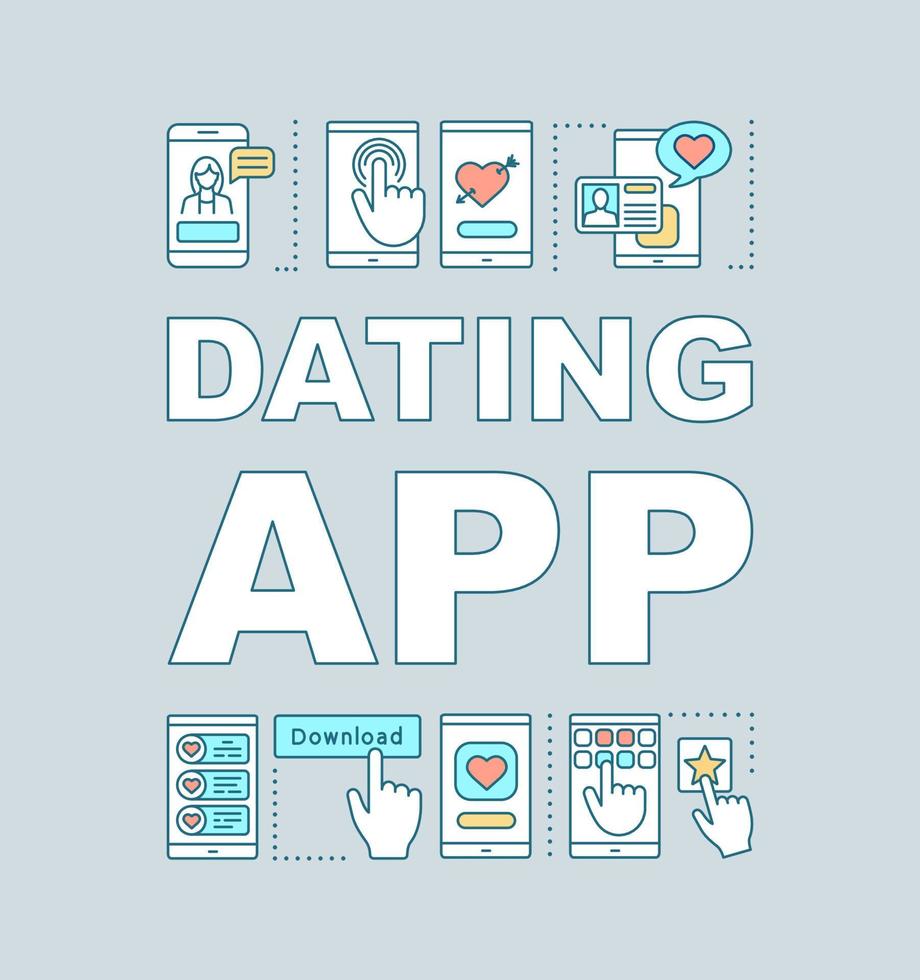 Dating app word concepts banner. Find love mobile application. Couple matchmaking. Online date. Presentation, website. Isolated lettering typography idea with linear icons. Vector outline illustration