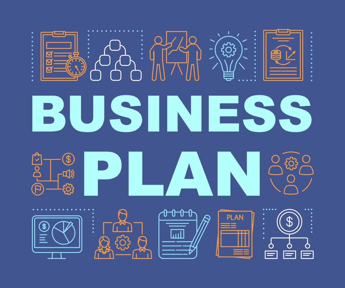 Business plan word concepts banner. Financial planning. Budgeting. Funding and financing. Presentation, website. Isolated lettering typography idea with linear icons. Vector outline illustration