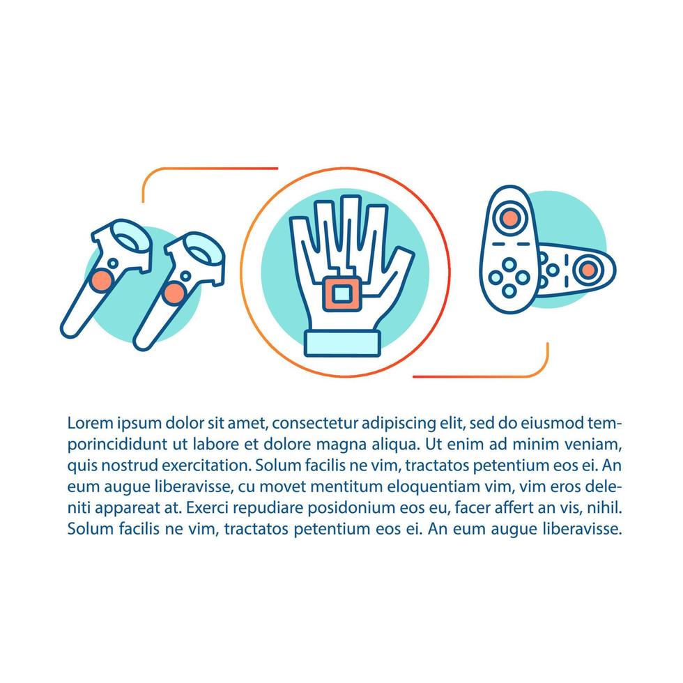 VR motion controllers concept linear illustration. Virtual reality devices. Haptic gloves, wireless controller, console. Article, brochure, magazine page. Print design. Vector isolated outline drawing