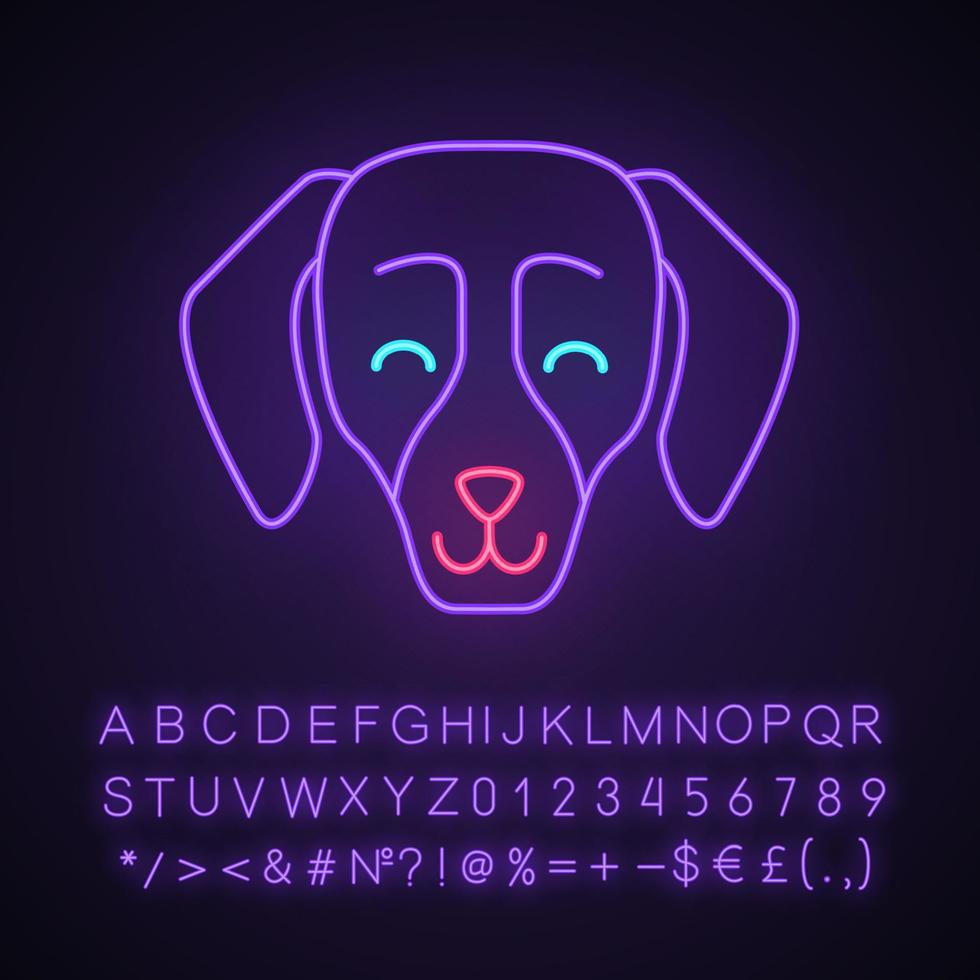 dachshund lindo personaje de luz de neón kawaii. perro con hocico sonriente. animal con ojos sonrientes. emoji divertido, emoticono. icono brillante con alfabeto, números, símbolos. ilustración vectorial aislada vector