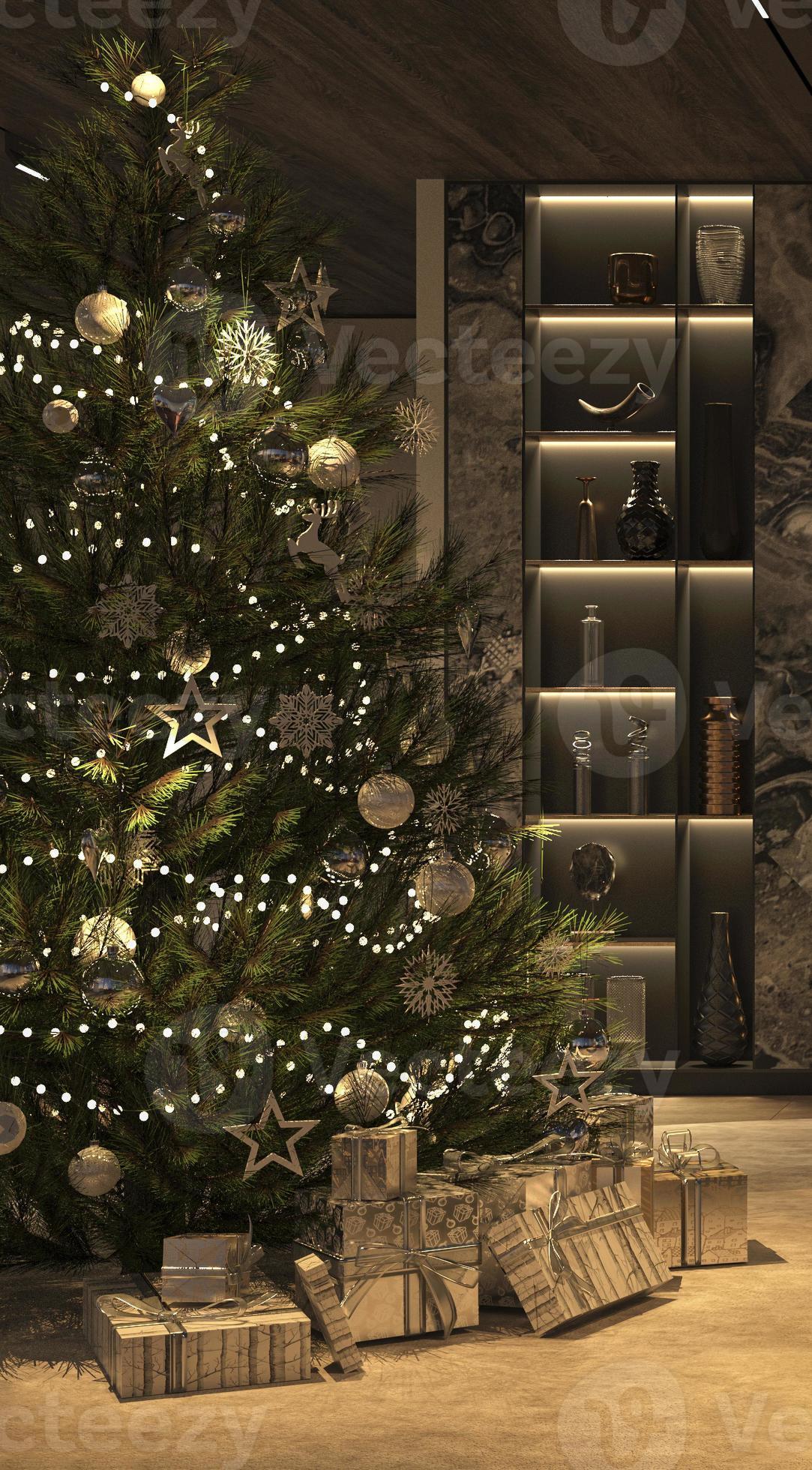 Christmas tree and luxury interior design living room with night ...