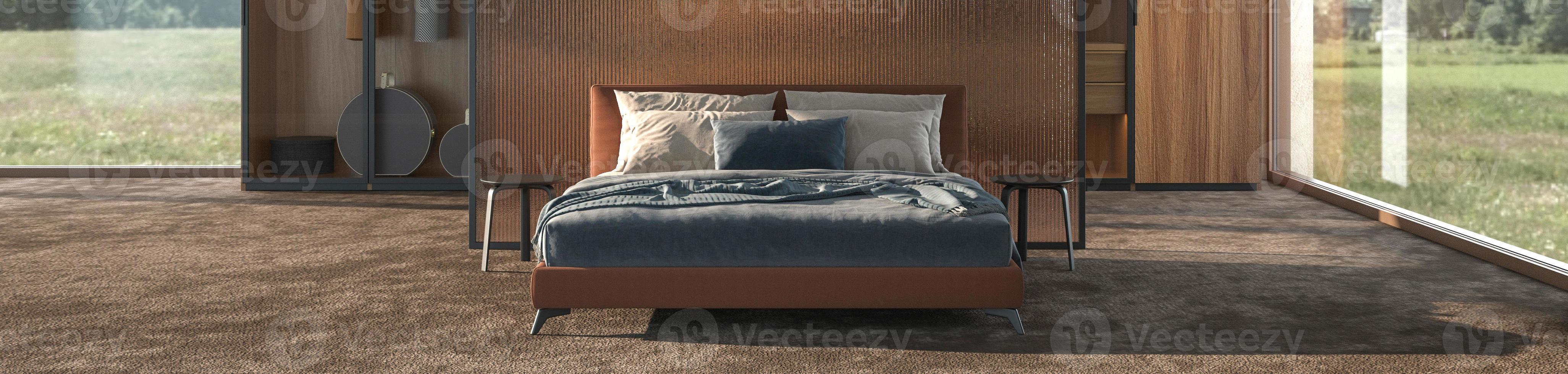 Luxury modern bedroom interior design with decorative glass partition and panoramic windows with field view photo