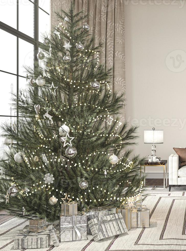 Christmas tree with presents in living room interior design. Hampton style. Mockup white wall in luxury home background. 3d render illustration. photo