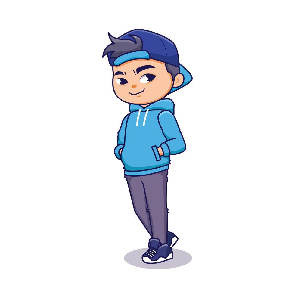 Cartoon cool boy with blue jacket and hat stand pose in casual style character flat illustration vector