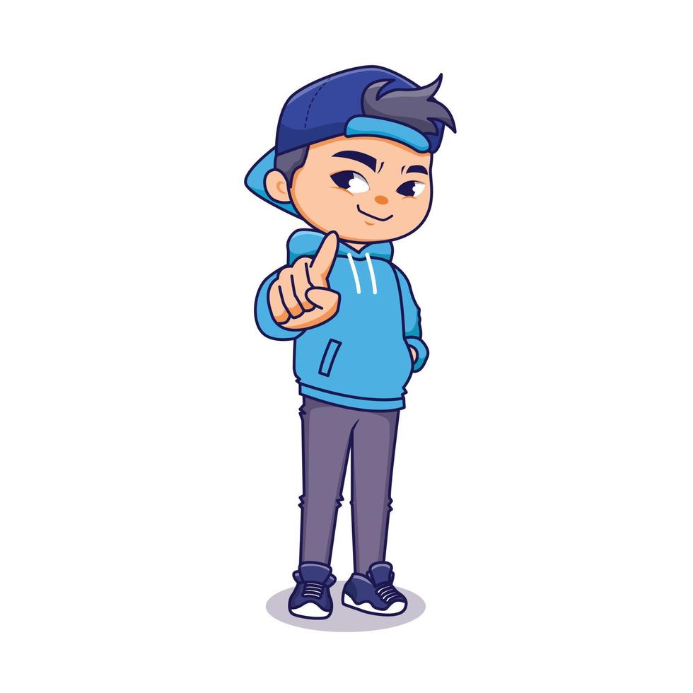 Cartoon cool boy stand pose with pointing finger in casual style character flat illustration vector
