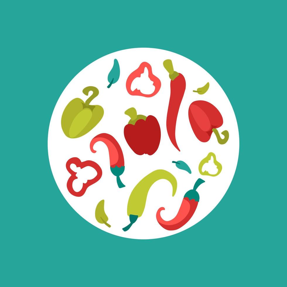 Vector set of hand drawn red and green peppers icon design. Cartoon red  hot Chili pepper, pepper slices illustration collection. Isolated on white background.