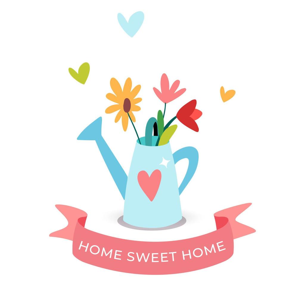 Cartoon style flower bouquet in the blue watering can with pink holiday ribbon. Cute springtime and sweet home flat hand drawn vector illustration. Isolated on white background.